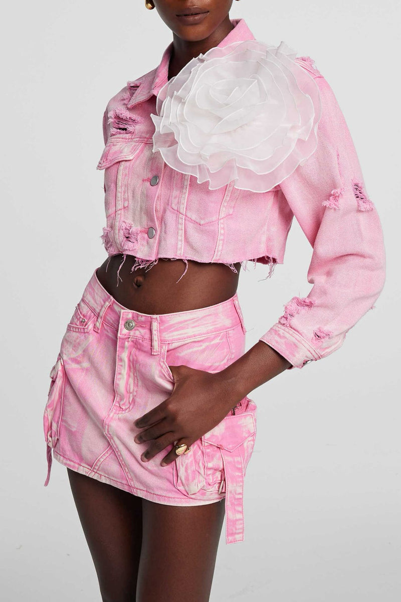 Alaiao Torn Flower Denim Jacket in Pink