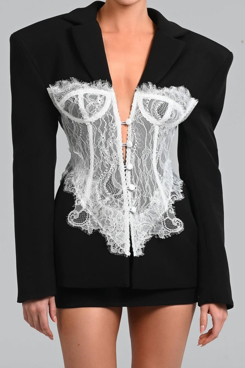 Alvera Lace Corset Blazer in Black