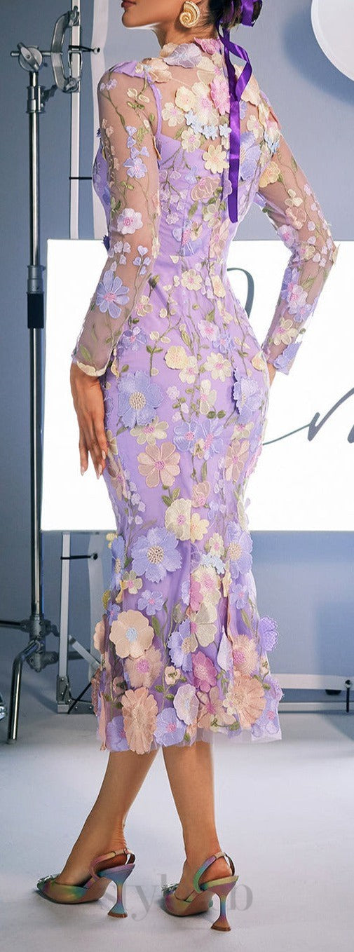 LONG SLEEVE EMBROIDERED MIDI DRESS IN PURPLE