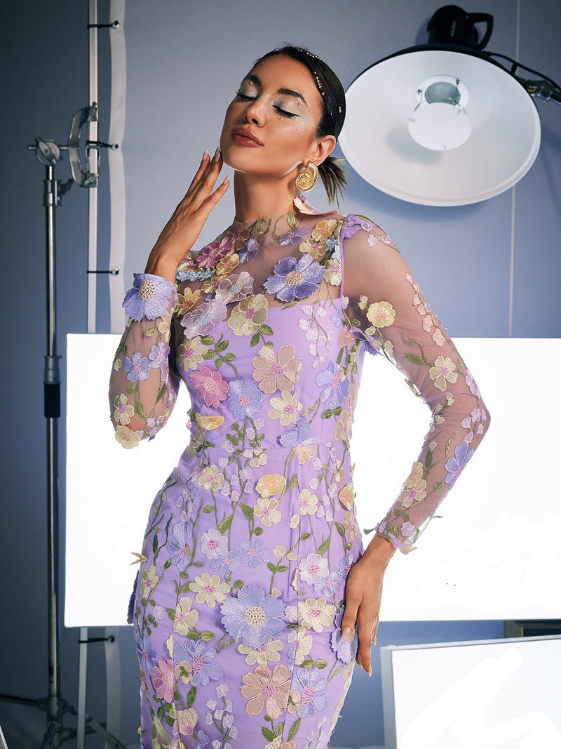 LONG SLEEVE EMBROIDERED MIDI DRESS IN PURPLE