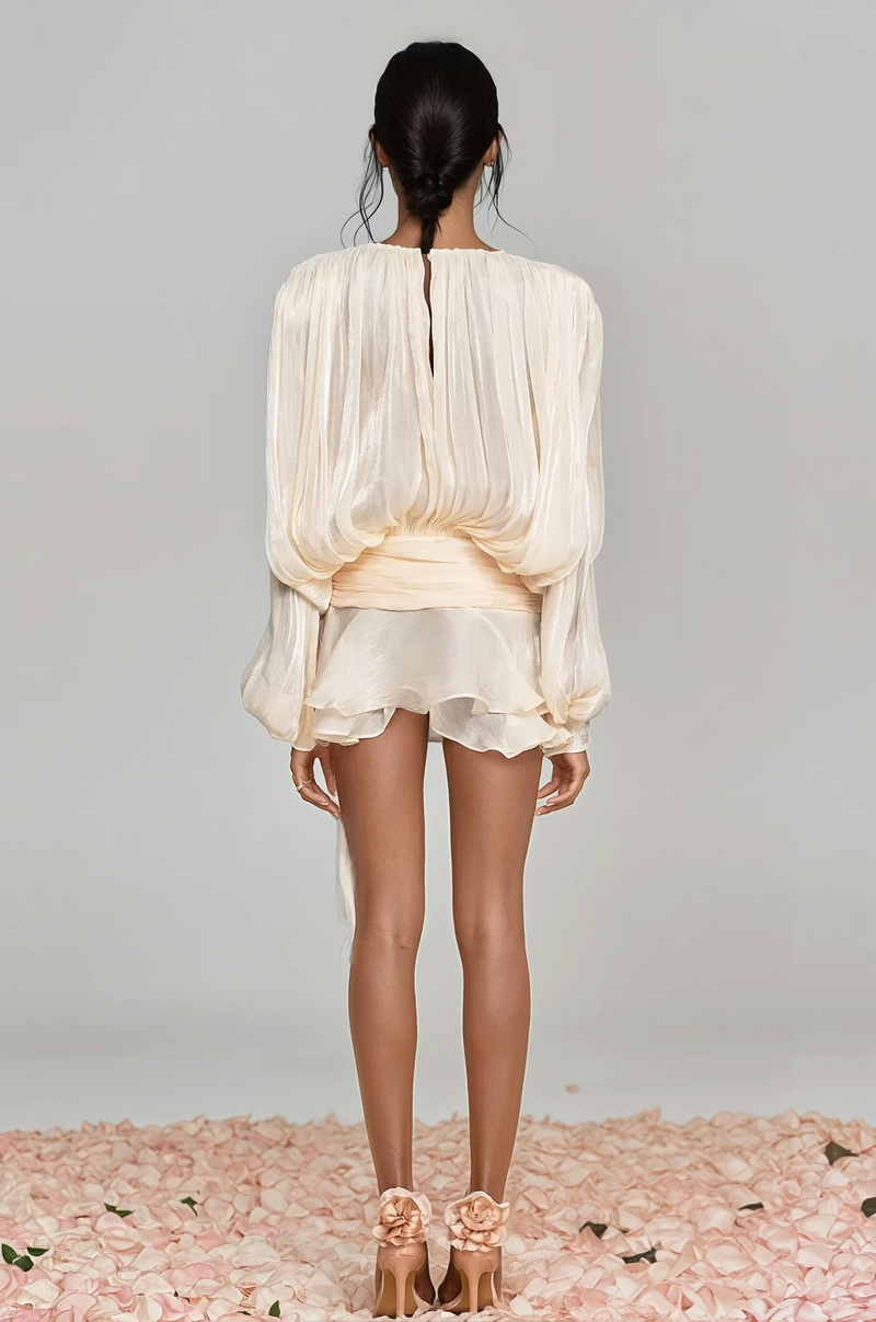 hermosa Balloon Sleeve Ruch Ruffle Mini Dress In Apricot