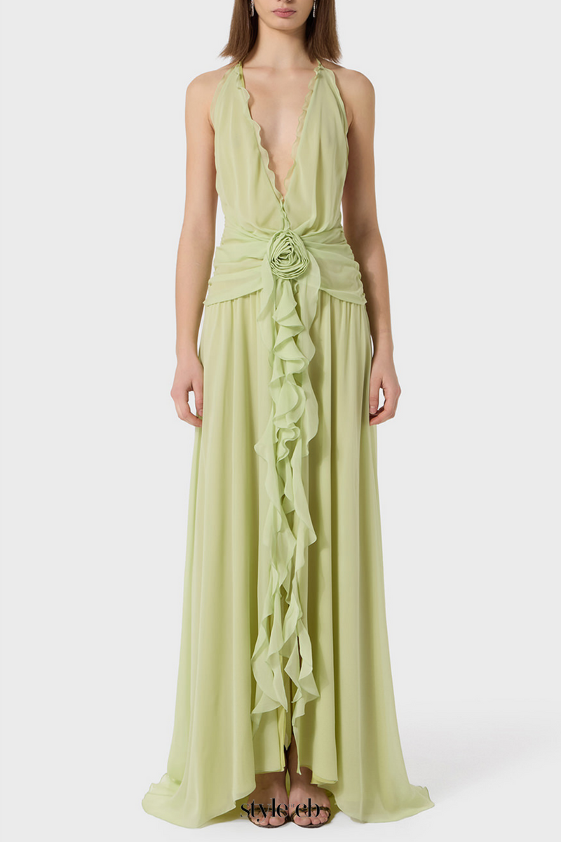 Aonaver Floral Ruffle Halter Maxi Dress in Green