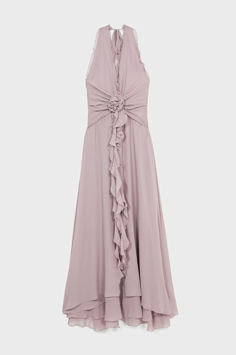 Aonaver Floral Ruffle Halter Maxi Dress in Purple