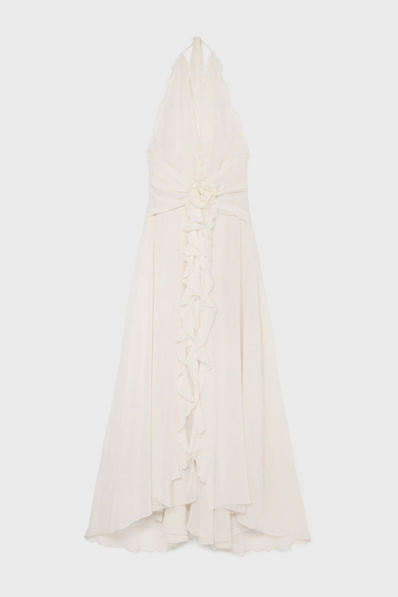 Aonaver Floral Ruffle Halter Maxi Dress in White
