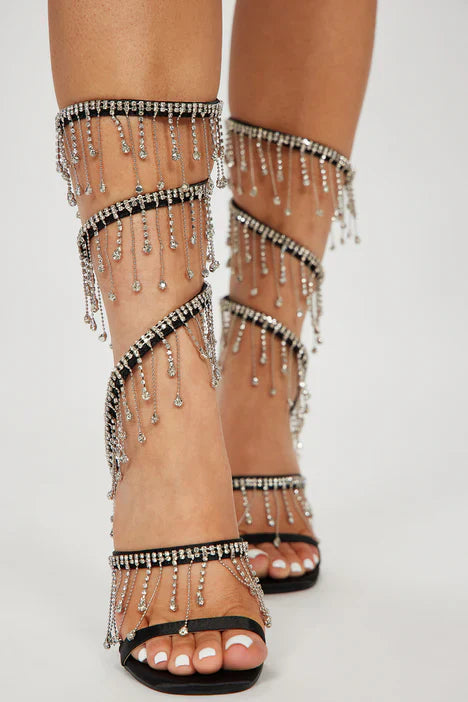 Arabella Rhinestone Tassel Stiletto Heels - Black