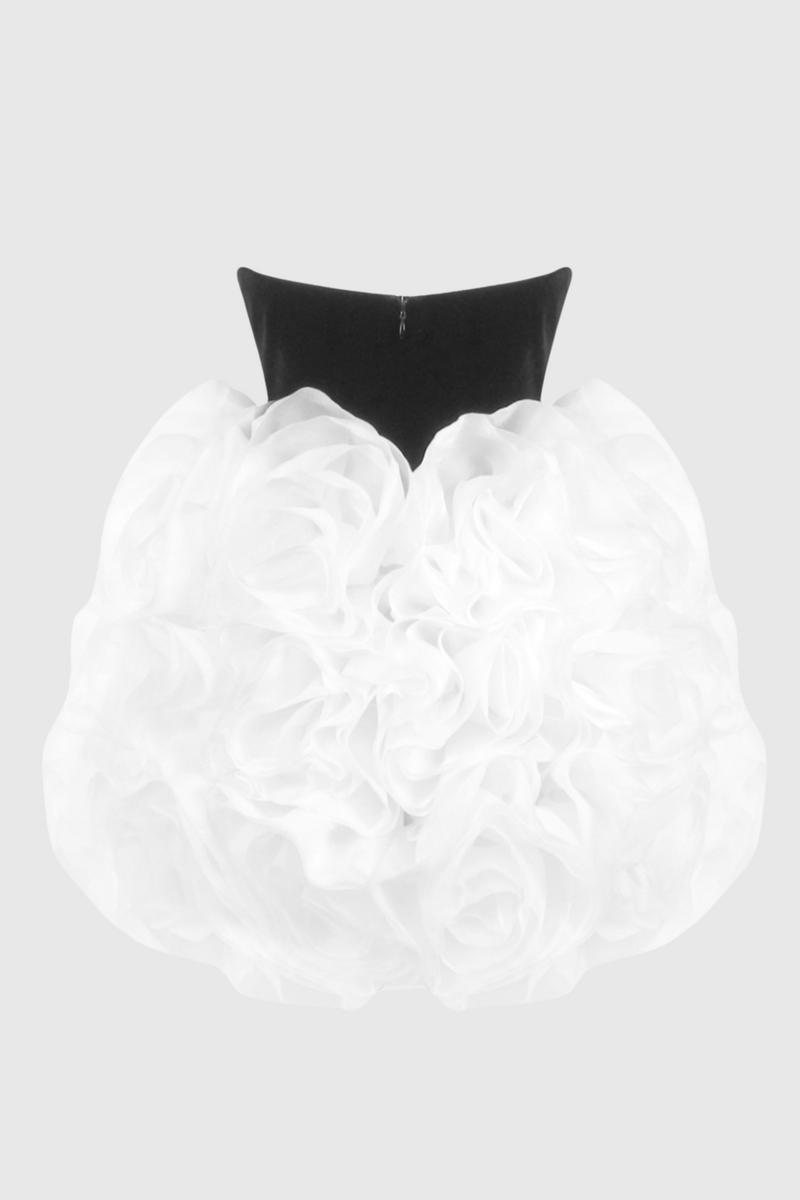 Archki Ruched Flower Strapless Mini Dress