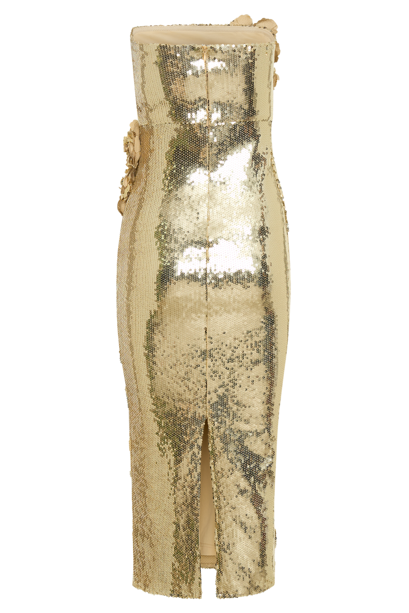 alisa Strapless Sequin Rose Midi Dress in Gold