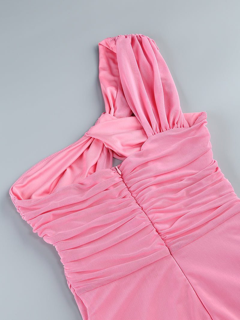 PINK CUT OUT SPLIT RUCHED MAXI DRESS
