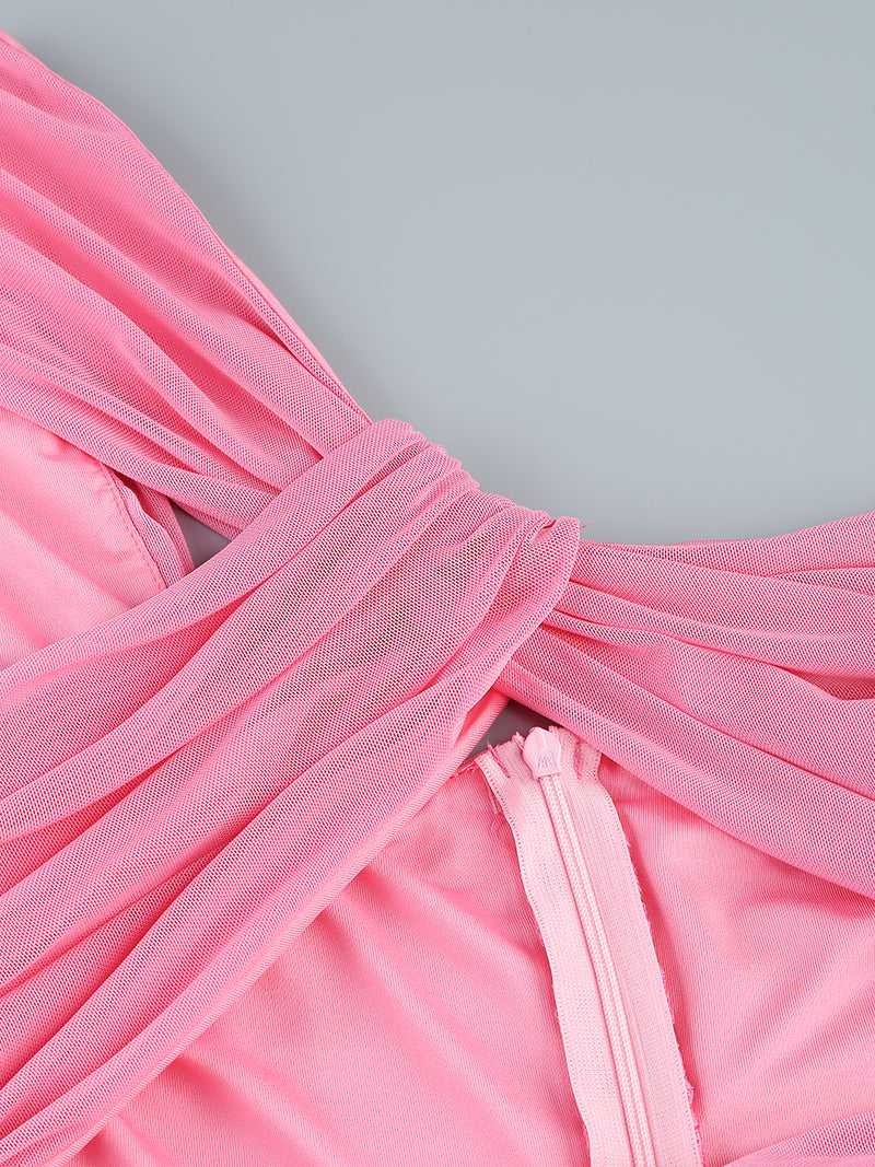 PINK CUT OUT SPLIT RUCHED MAXI DRESS