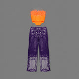 ORANGE FEATHER TUBE TOP & PURPLE SEQUINED TROUSERS TWO-PIECE SUIT