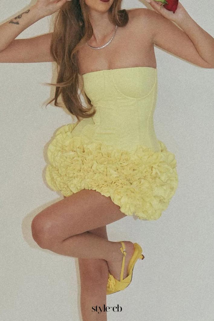 amy flower embellished mini skirt corset set in yellow