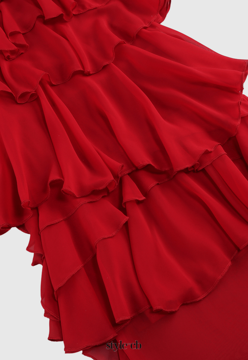 eunice Floral Halter Chiffon Ruffle Midi Dress in red