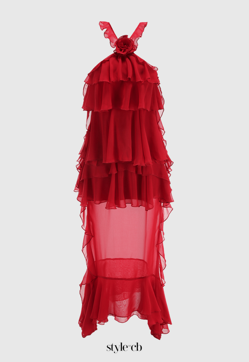 eunice Floral Halter Chiffon Ruffle Midi Dress in red