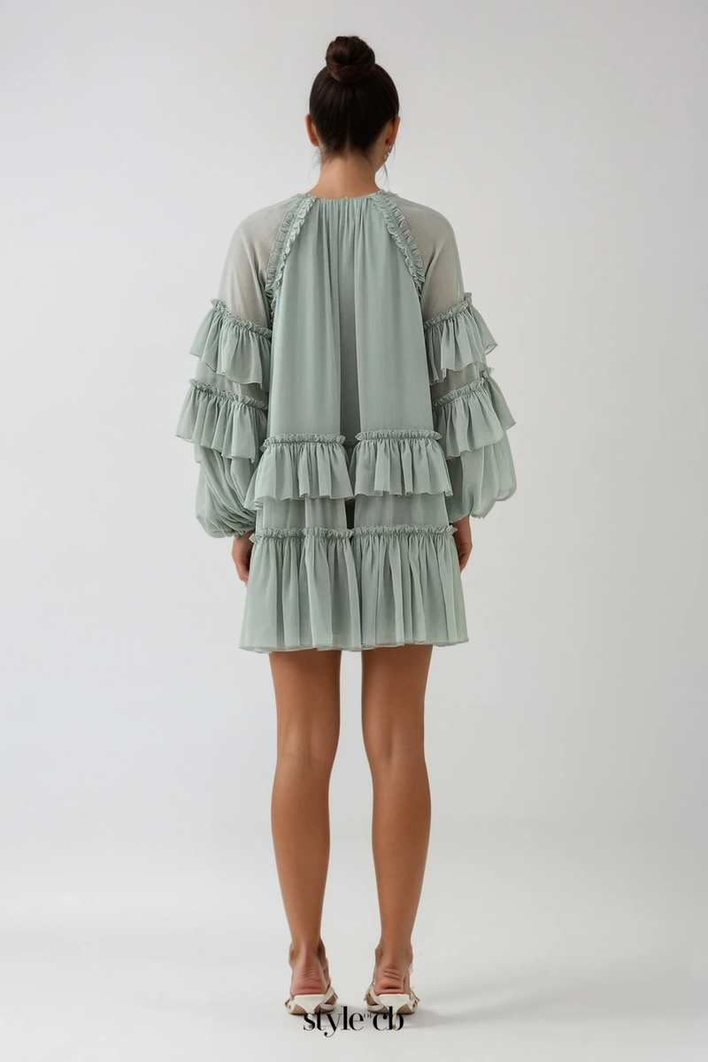 freda Balloon Sleeve Mesh Ruch Ruffle Mini Dress in green