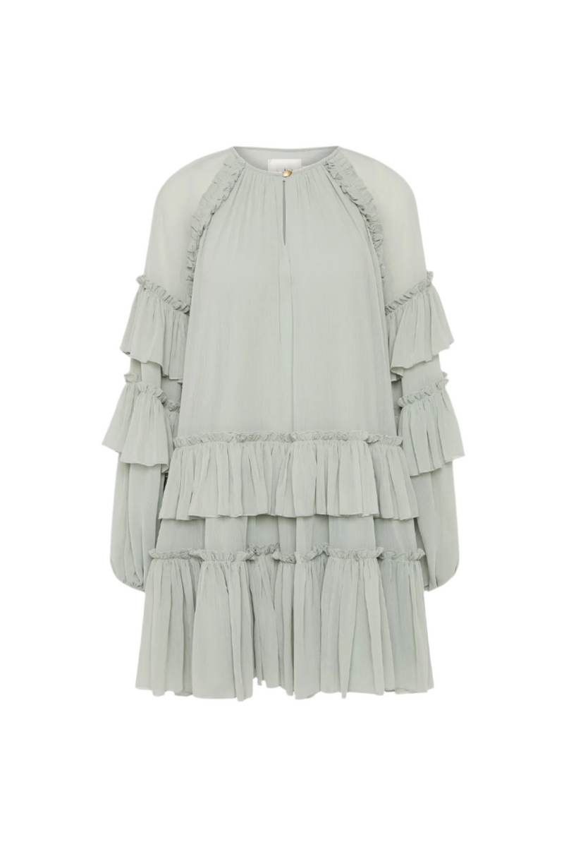 freda Balloon Sleeve Mesh Ruch Ruffle Mini Dress in green