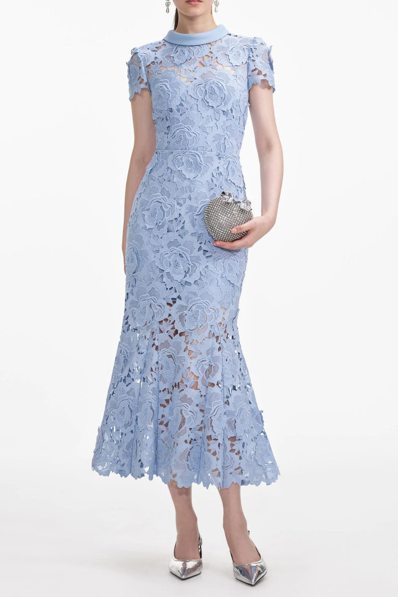 Blue Flower Lace Contrast Collar Midi Dress