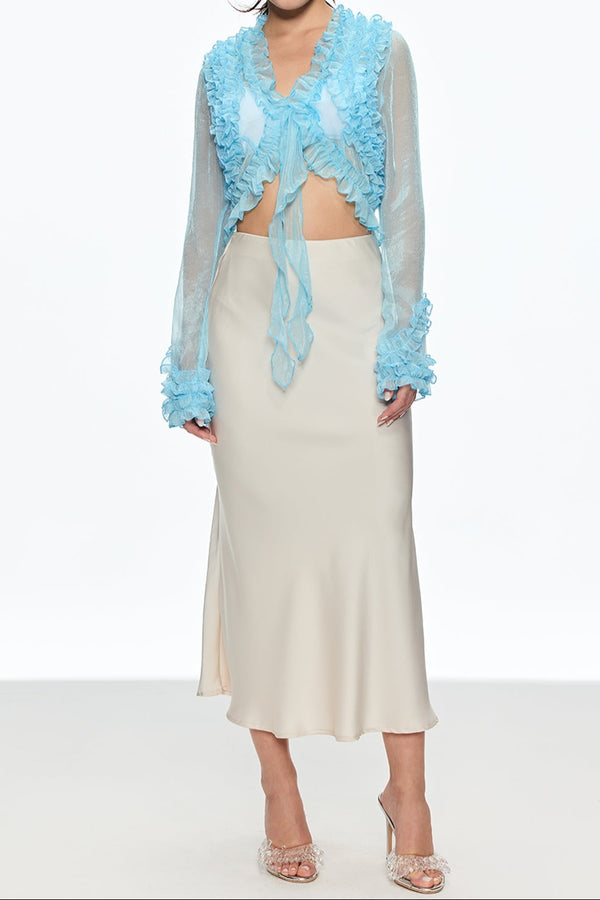 eudora Ruffle Plunge Lace Up Top in blue