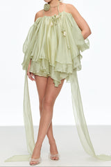 alisa Ruffle Lace Up Fringe Mini Dress in green