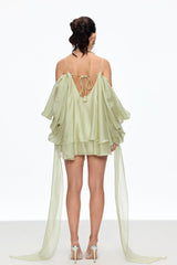 alisa Ruffle Lace Up Fringe Mini Dress in green