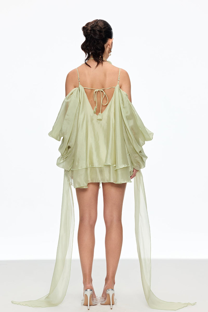 alisa Ruffle Lace Up Fringe Mini Dress in green