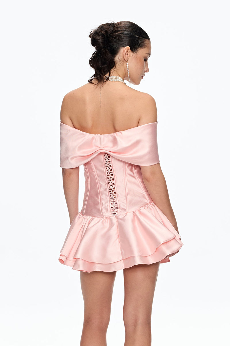 alisa Corset Bow Ruffle Satin Mini Dress
