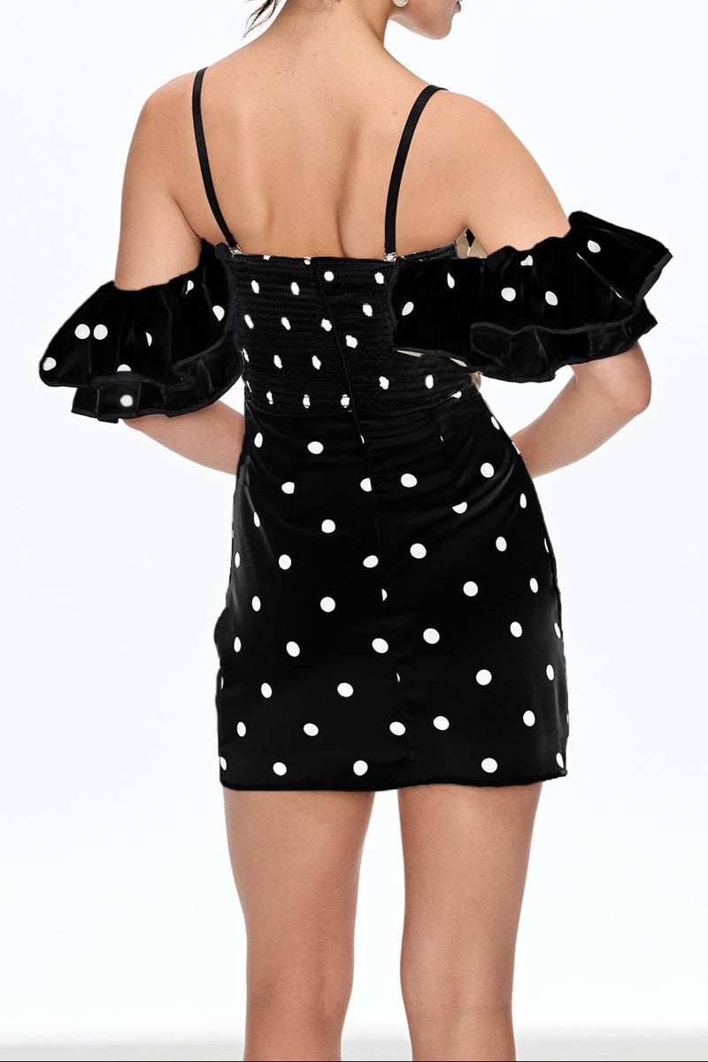 hermosa Dot Off Shoulder Mini Dress In Black