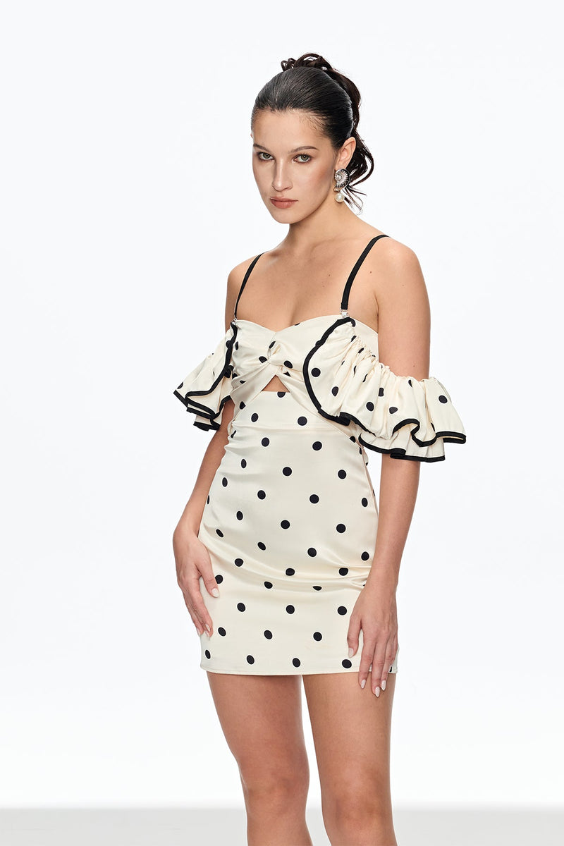 hermosa Dot Off Shoulder Mini Dress In White