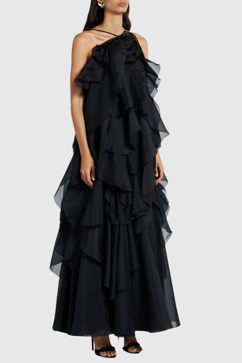 Caysie Halter Floral Ruffle Layered Maxi Dress in Black