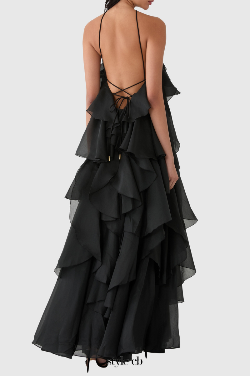 Caysie Halter Floral Ruffle Layered Maxi Dress in Black
