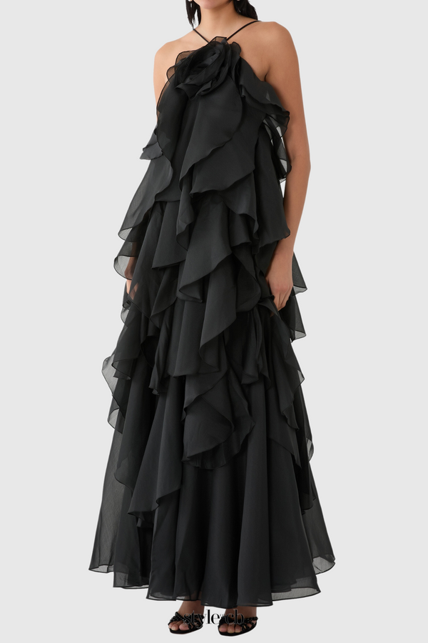 Caysie Halter Floral Ruffle Layered Maxi Dress in Black