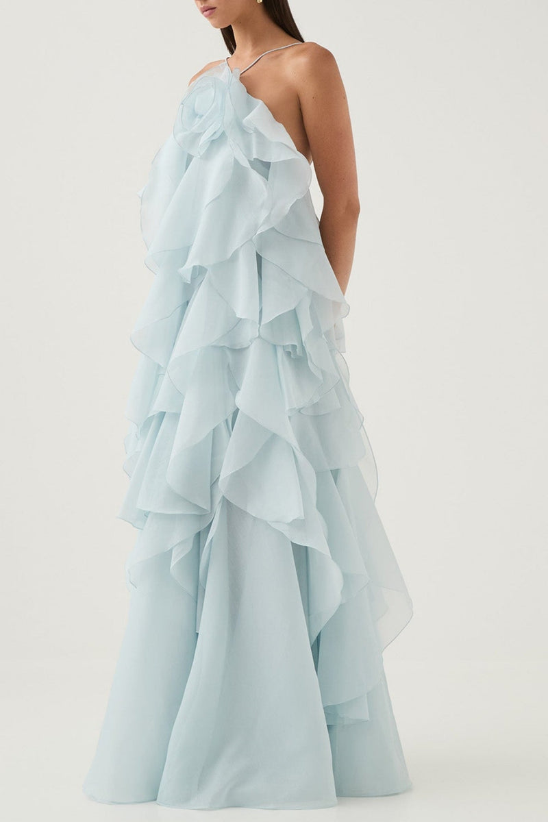 Caysie Halter Floral Ruffle Layered Maxi Dress in Blue
