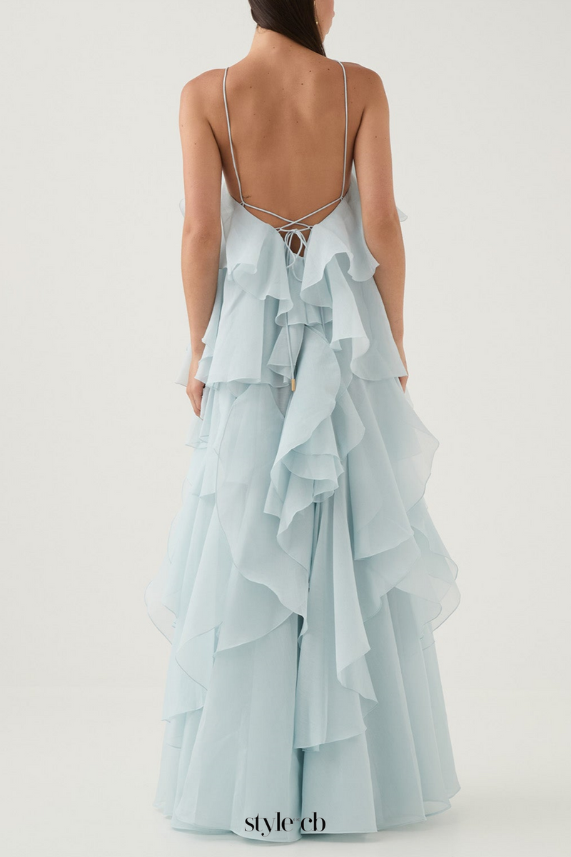 Caysie Halter Floral Ruffle Layered Maxi Dress in Blue