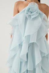 Caysie Halter Floral Ruffle Layered Maxi Dress in Blue