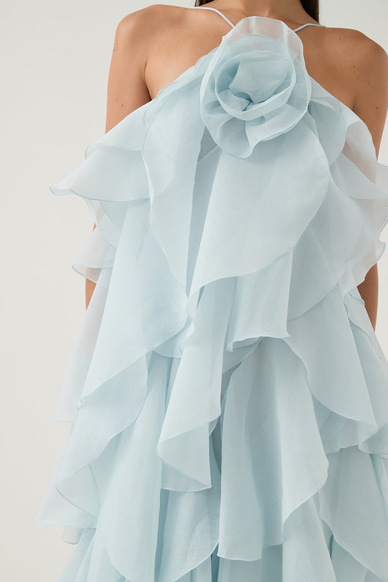 Caysie Halter Floral Ruffle Layered Maxi Dress in Blue