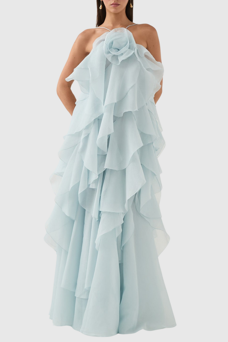 Caysie Halter Floral Ruffle Layered Maxi Dress in Blue