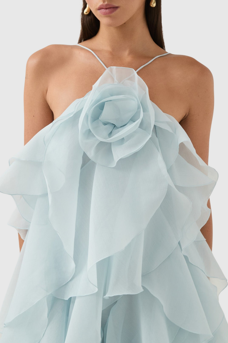 Caysie Halter Floral Ruffle Layered Maxi Dress in Blue
