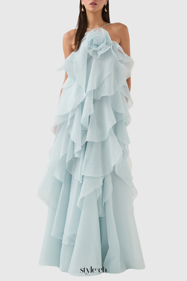Caysie Halter Floral Ruffle Layered Maxi Dress in Blue