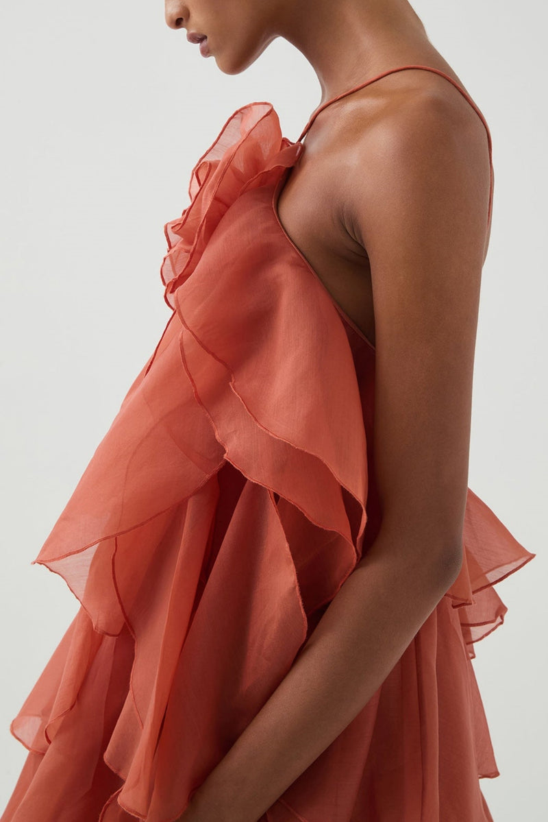 Caysie Halter Floral Ruffle Layered Maxi Dress in Orange