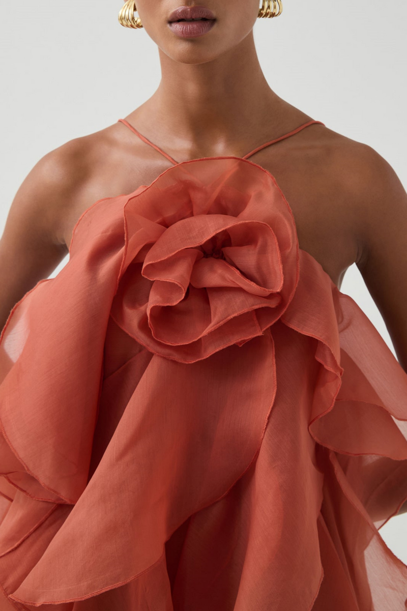 Caysie Halter Floral Ruffle Layered Maxi Dress in Orange