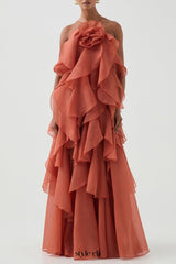 Caysie Halter Floral Ruffle Layered Maxi Dress in Orange