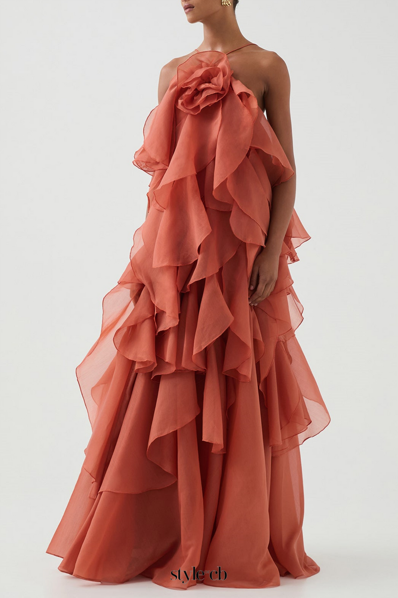 Caysie Halter Floral Ruffle Layered Maxi Dress in Orange