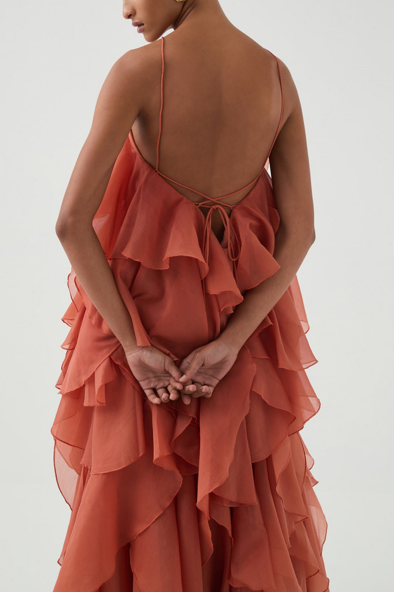 Caysie Halter Floral Ruffle Layered Maxi Dress in Orange