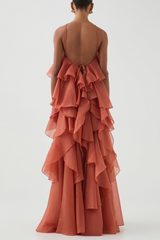 Caysie Halter Floral Ruffle Layered Maxi Dress in Orange