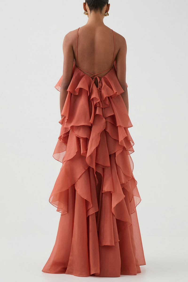 Caysie Halter Floral Ruffle Layered Maxi Dress in Orange