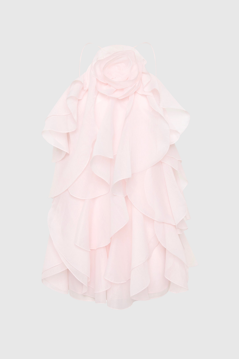 lorraine Halter Floral Ruffle Layered Mini Dress in Pink