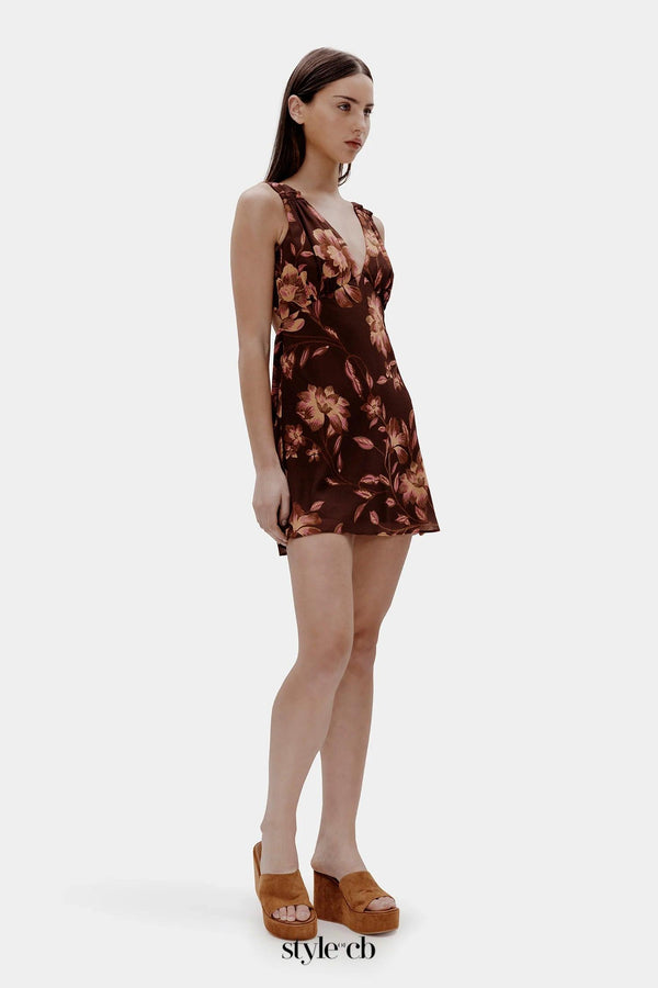 Tea print backless Mini Dress in brown