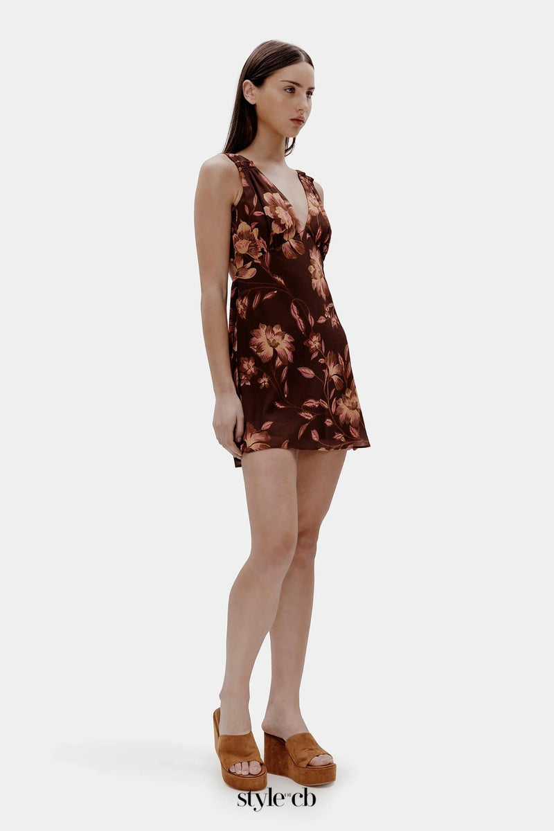 Tea print backless Mini Dress in brown