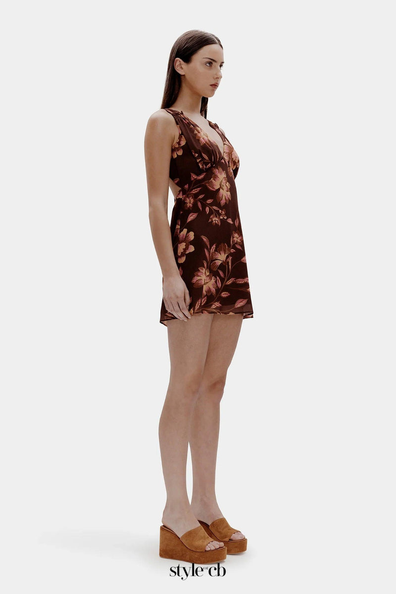 Tea print backless Mini Dress in brown
