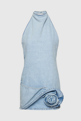 Christell Floral Appliqué Halter Denim Mini Dress