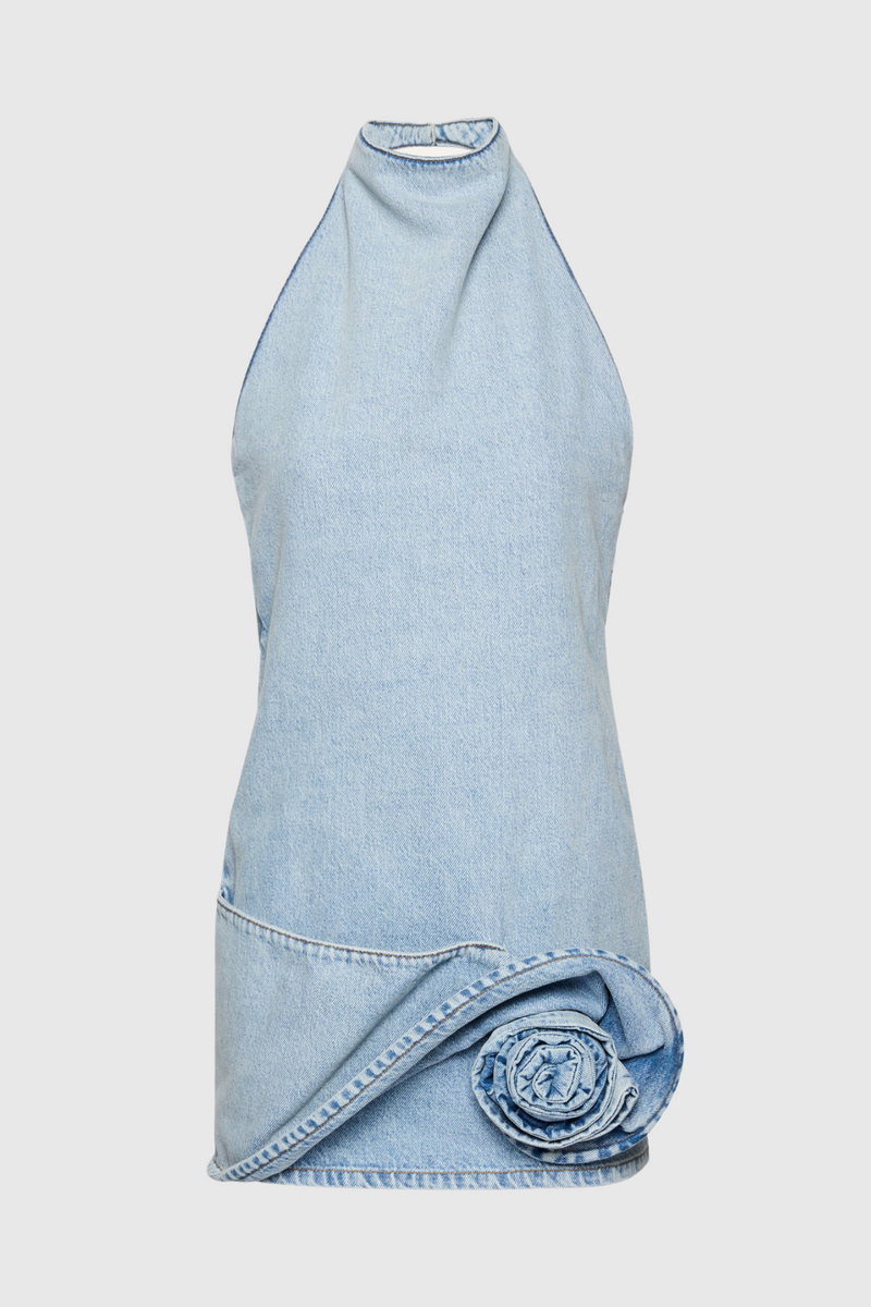 Christell Floral Appliqué Halter Denim Mini Dress